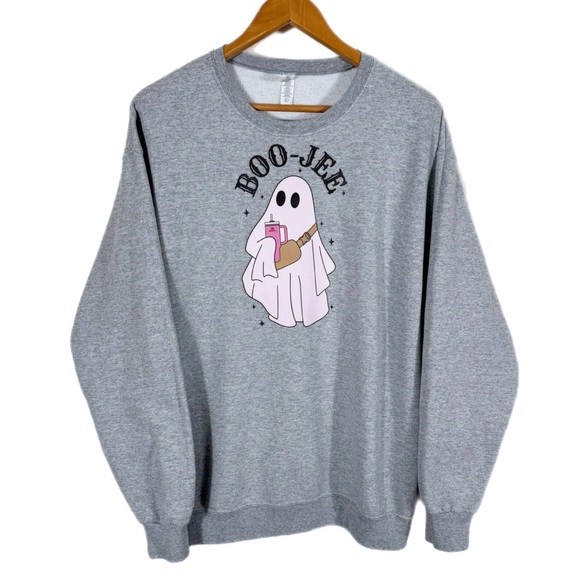 Jerzees Tops - BOO-JEE Halloween Sweat Shirt Women’s L Oversized Ghost Spooky Gray Pink Fall